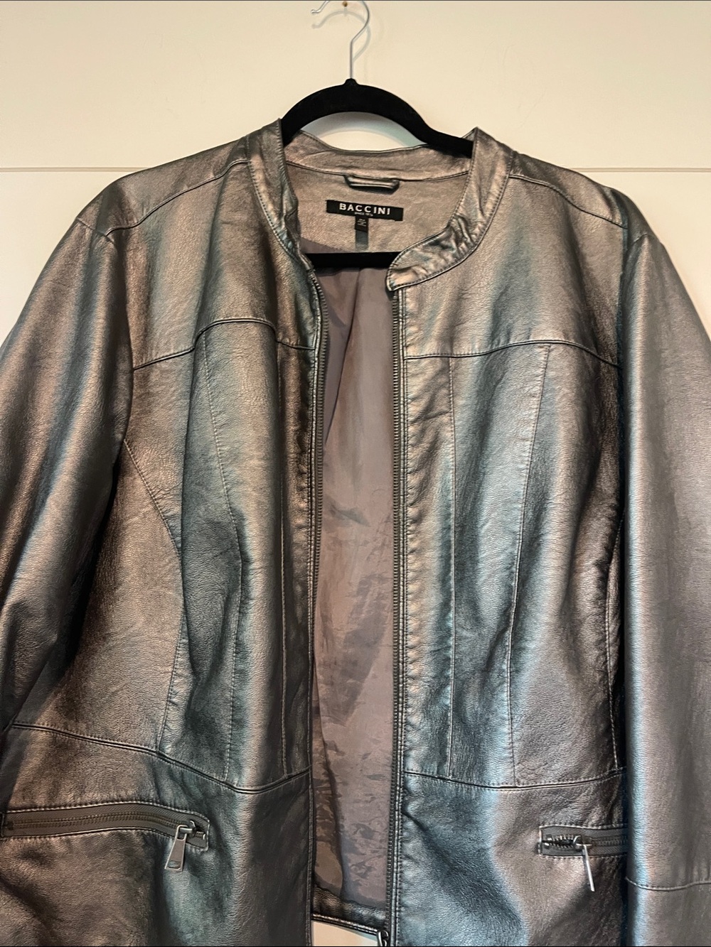 Baccini Metallic Silver Leather Jacket - Women's Zip Front
